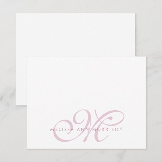 Elegant Script Name Pink Monogram Flat Note Card ノートカード (正面/裏面)