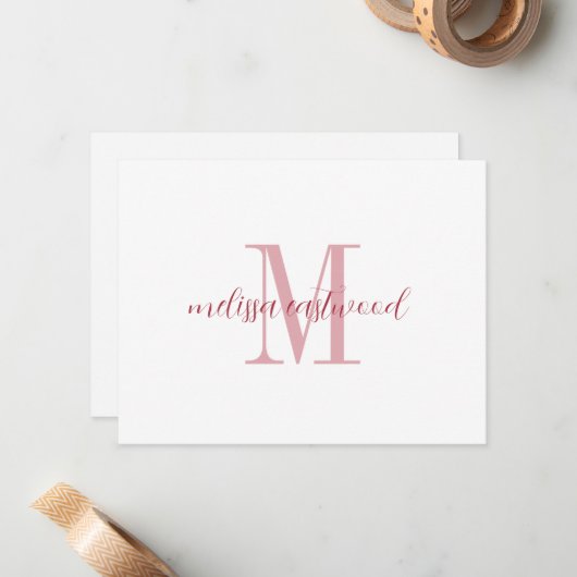 Elegant Script Name Rose Monogram Flat Note Card ノートカード (正面/裏面インサイチュ)