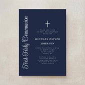 Elegant Script Navy Blue Boy First Communion 招待状