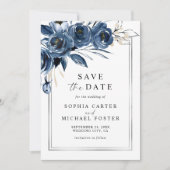 Elegant Script Navy Blue Floral Photo Wedding セーブザデート (正面)
