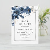 Elegant Script Navy Blue Floral Photo Wedding セーブザデート (スタンド正面)