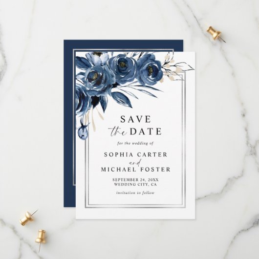 Elegant Script Navy Blue Floral Photo Wedding セーブザデート (正面/裏面インサイチュ)