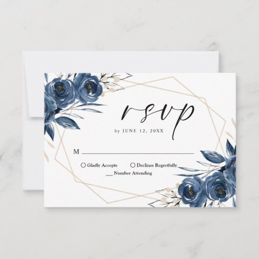 Elegant Script Navy Blue Floral QR Code Wedding 出欠カード (正面)