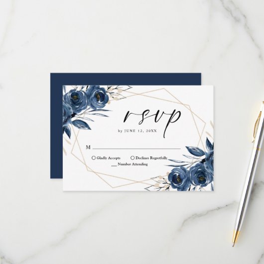 Elegant Script Navy Blue Floral QR Code Wedding 出欠カード (正面/裏面インサイチュ)