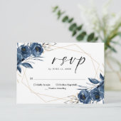 Elegant Script Navy Blue Floral Wedding 出欠カード (スタンド正面)