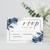Elegant Script Navy Blue Floral Wedding 出欠カード (スタンド正面)