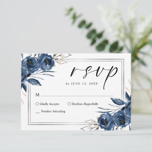 Elegant Script Navy Blue Floral Wedding 出欠カード (スタンド正面)