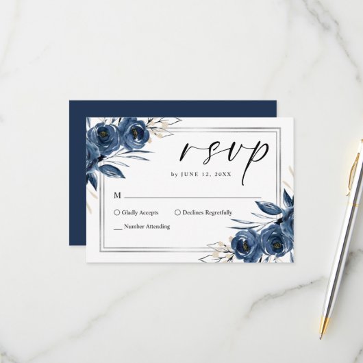 Elegant Script Navy Blue Floral Wedding 出欠カード (正面/裏面インサイチュ)
