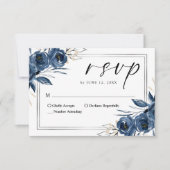 Elegant Script Navy Blue Floral Wedding QR Code 出欠カード (正面)