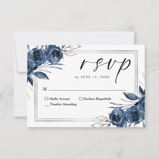Elegant Script Navy Blue Floral Wedding QR Code 出欠カード (正面)
