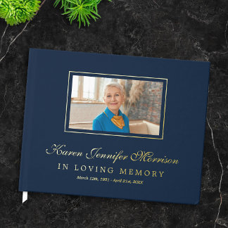 Elegant Script Navy Blue Photo In Loving Memory ゲストブック