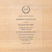 Elegant Script Navy Monogram Crest Wreath Wedding アクリル招待状 (正面)