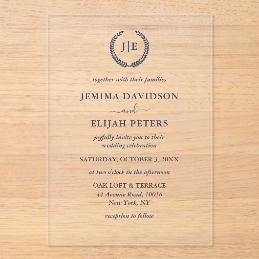 Elegant Script Navy Monogram Crest Wreath Wedding アクリル招待状 (正面)