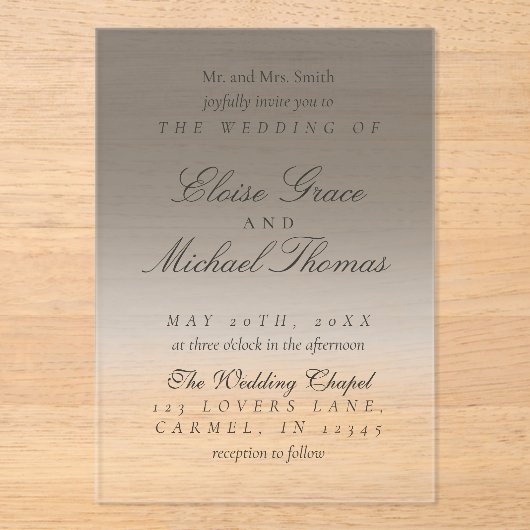 Elegant Script Neutral Black Gradient Wedding アクリル招待状 (正面)