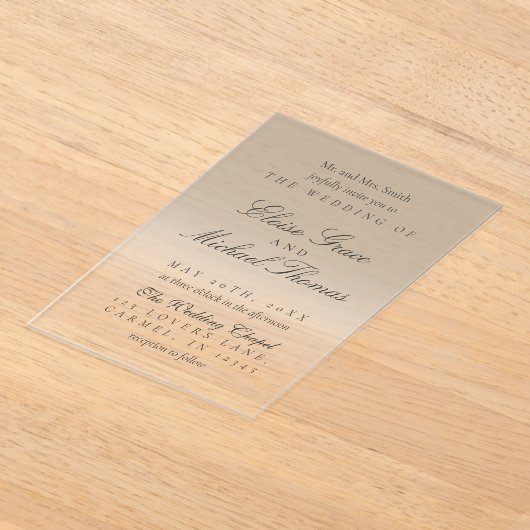 Elegant Script Neutral Tan Gradient Wedding アクリル招待状 (レイダウン)