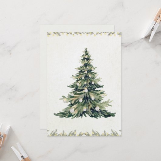 Elegant Script Non Photo Christmas Tree Watercolor カード (正面/裏面インサイチュ)