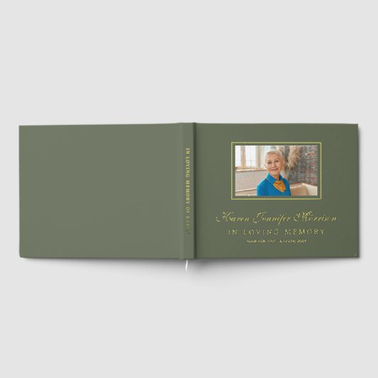 Elegant Script Olive Green Photo In Loving Memory ゲストブック (全面)