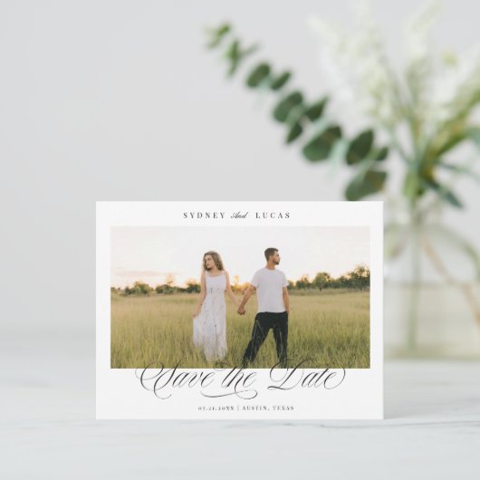 Elegant Script One Photo Save the Date  案内ポストカード (スタンド正面)
