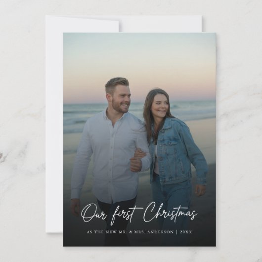 Elegant Script Our First Christmas Coastal 4 Photo シーズンカード (正面)