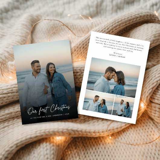 Elegant Script Our First Christmas Coastal 4 Photo シーズンカード