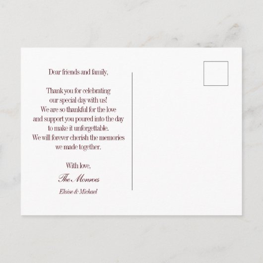 Elegant Script Overlay Wedding Photo Thank You ポストカード (裏面)