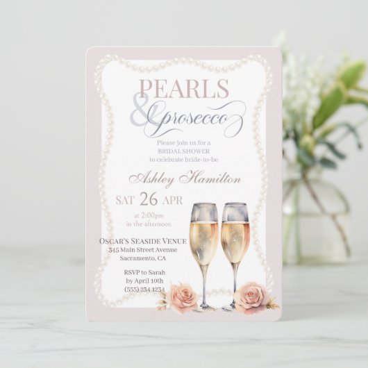 Elegant script Pearls & prosecco Bridal shower 招待状 (スタンド正面)