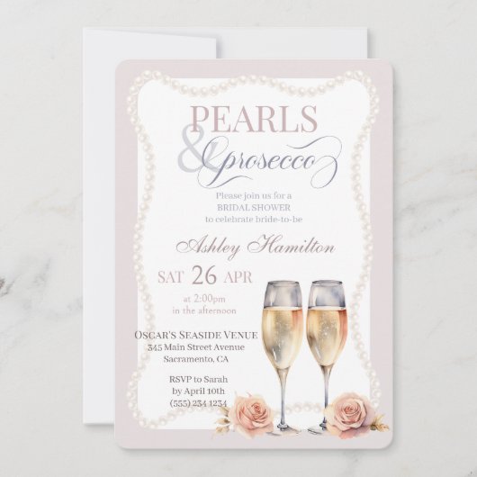Elegant script Pearls & prosecco Bridal shower  招待状 (正面)