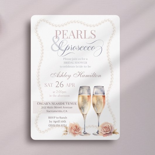 Elegant script Pearls & prosecco Bridal shower  招待状