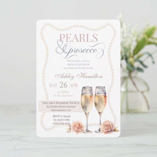 Elegant script Pearls & prosecco Bridal shower  招待状 (スタンド正面)