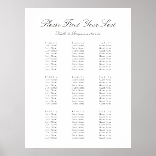 Elegant Script Personalized Wedding Seating Chart ポスター (正面)