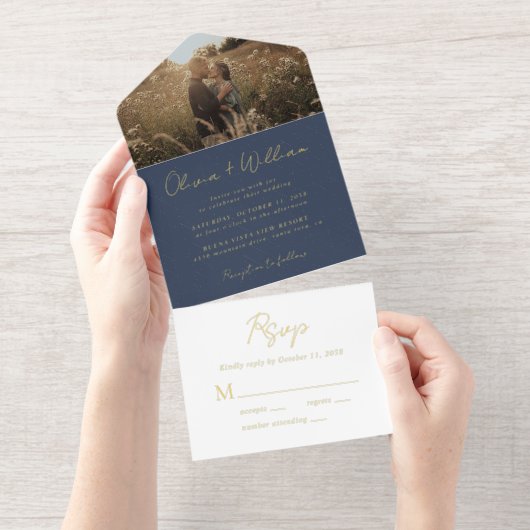 Elegant Script Photo Blue Wedding オールインワン招待状 (切り取り部)