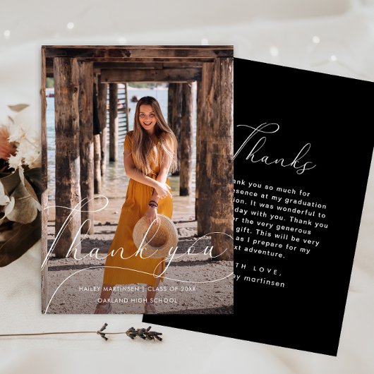 Elegant Script Photo Graduation Thank you Black 招待状