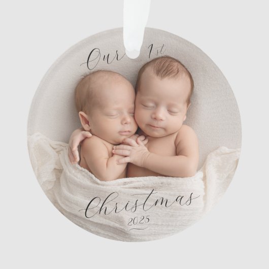 Elegant Script Photo Twin Babies First Christmas オーナメント (正面)