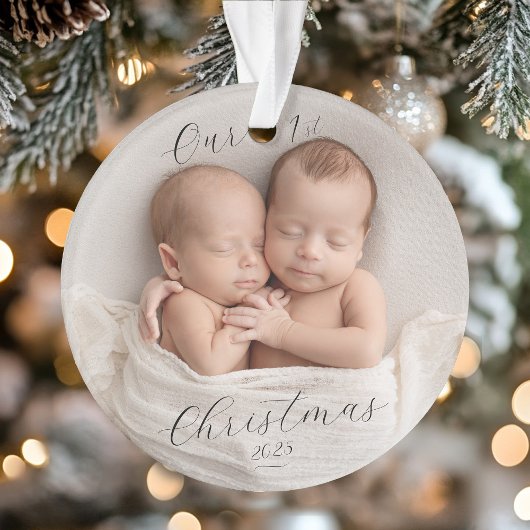 Elegant Script Photo Twin Babies First Christmas オーナメント