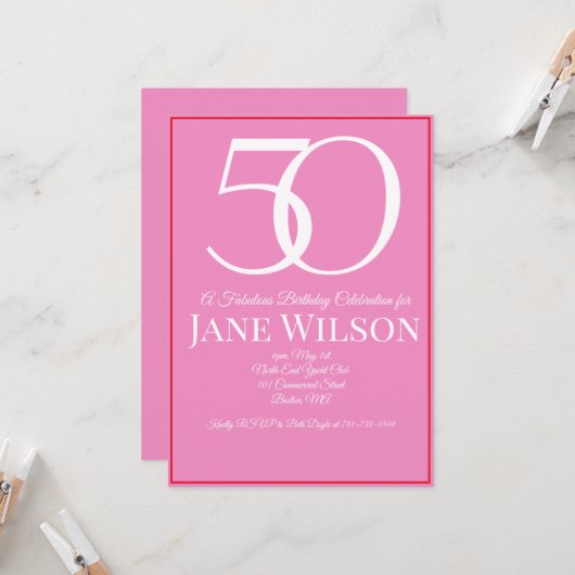 Elegant Script Pink 50th Birthday Party  招待状 (正面/裏面インサイチュ)