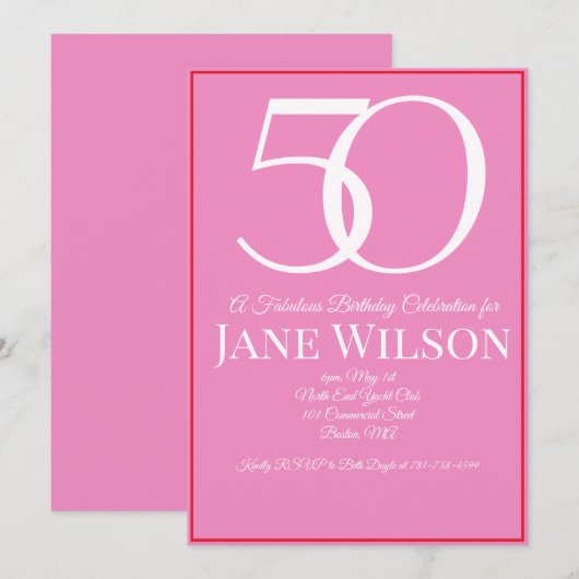 Elegant Script Pink 50th Birthday Party  招待状 (正面/裏面)