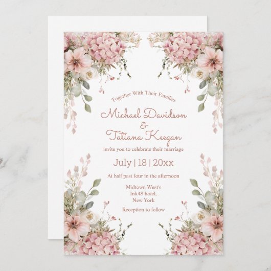 elegant script pink floral garden modern wedding 招待状 (正面/裏面)