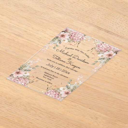 elegant script pink floral minimal chic wedding アクリル招待状 (レイダウン)