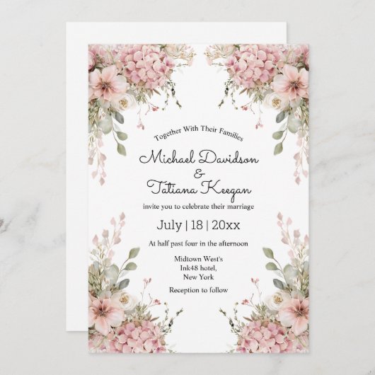 elegant script pink floral minimal modern wedding 招待状 (正面/裏面)