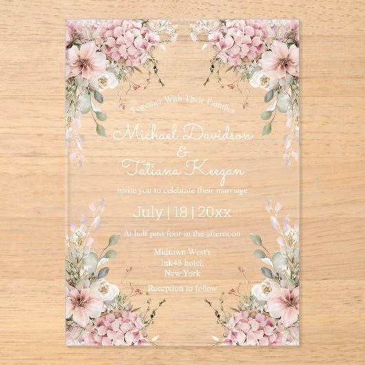 elegant script pink floral minimal wedding アクリル招待状 (正面)