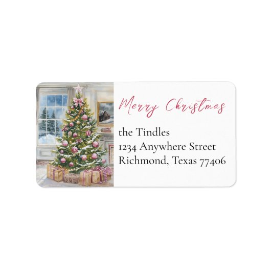 Elegant Script Pink Tree Non Photo Christmas ラベル (正面)