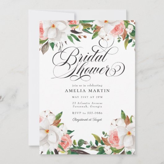 Elegant Script Pink White Floral Bridal Shower 招待状 (正面)