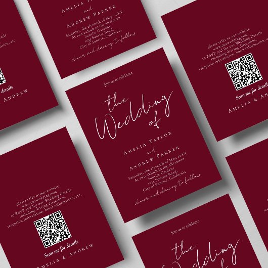 Elegant Script QR Code Burgundy White Wedding 招待状
