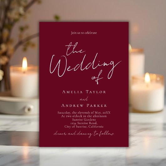 Elegant Script QR Code Burgundy White Wedding 招待状