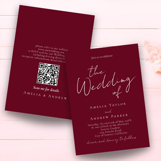 Elegant Script QR Code Burgundy White Wedding 招待状