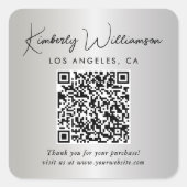 Elegant Script QR Code Silver Thank You スクエアシール (正面)