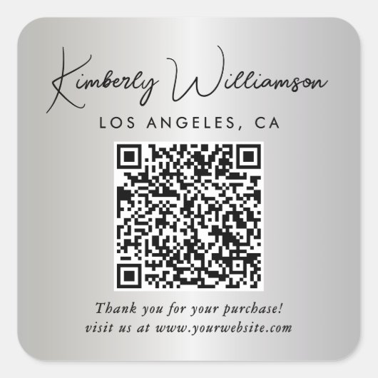 Elegant Script QR Code Silver Thank You スクエアシール (正面)