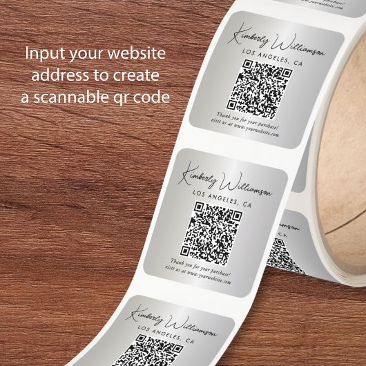 Elegant Script QR Code Silver Thank You スクエアシール