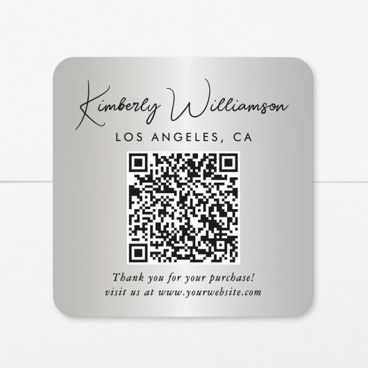 Elegant Script QR Code Silver Thank You スクエアシール