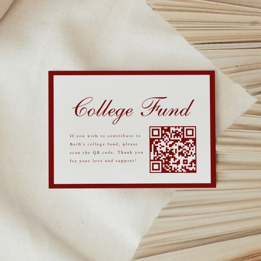 Elegant Script Red College Fund QR Code Graduation エンクロージャーカード